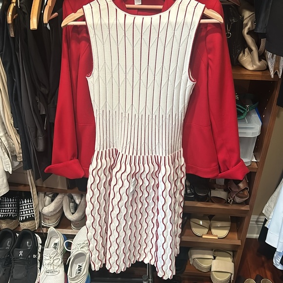 Herve Leger size M off white and shimmery red fit and flare dress knee length - Picture 7 of 15
